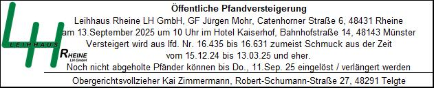Öffentliche Pfandversteigerung am 13. September 2025 um 10 Uhr im Hotel Kaiserhof, Bahnhofstraße 14, 48143 Münster