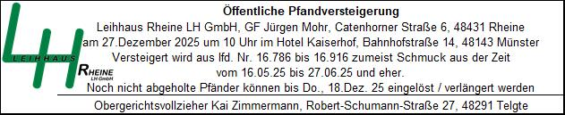 Öffentliche Pfandversteigerung am 27. Dezember 2025 um 10 Uhr im Hotel Kaiserhof, Bahnhofstraße 14, 48143 Münster